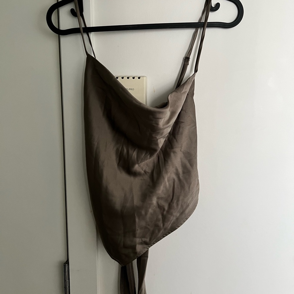 Oak + Fort cowl neck tie back tank in taupe (size medium)